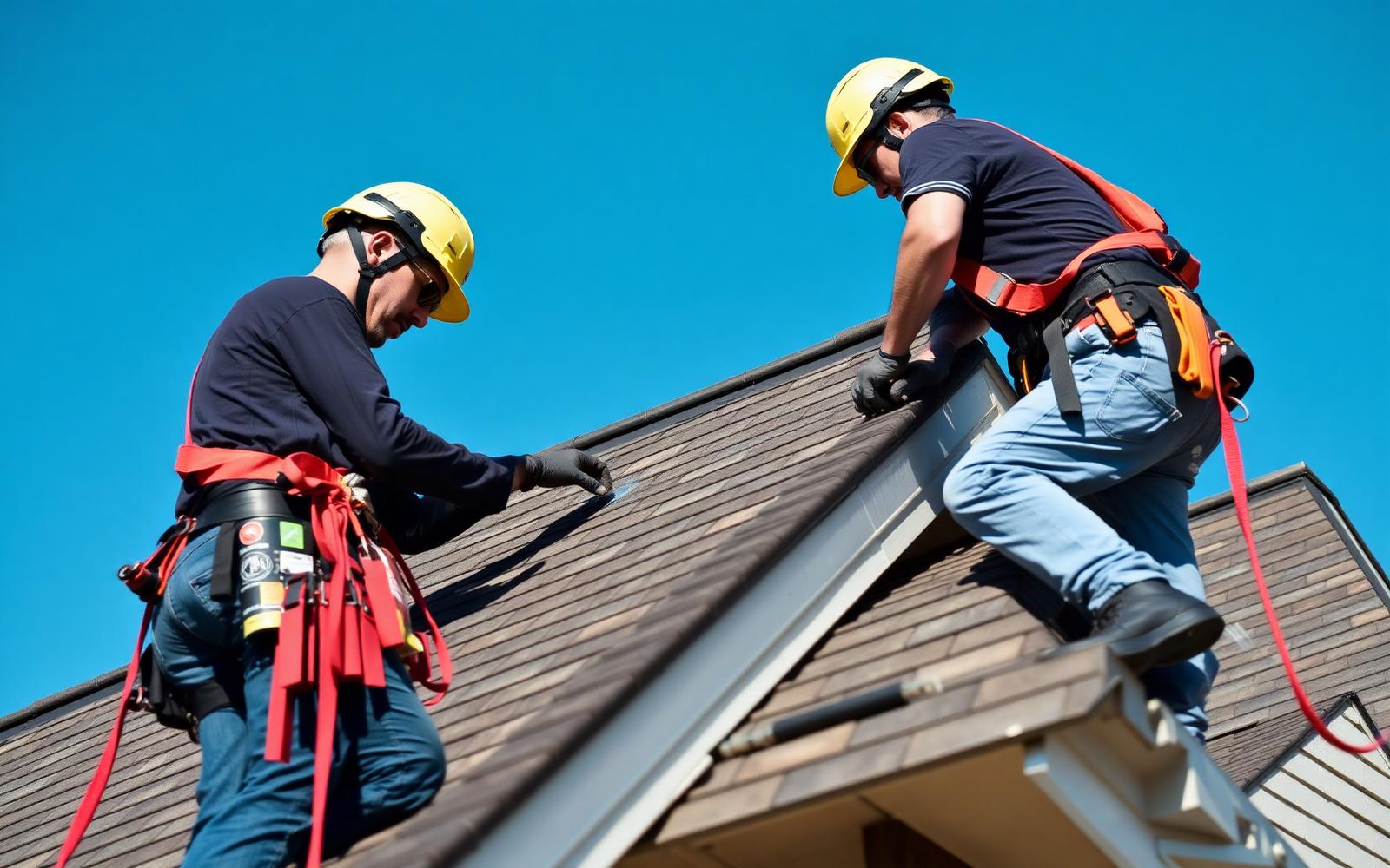 Professional roofing crew installing shingles
